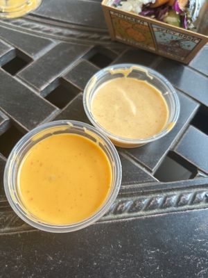 vegan spicy mayo (left) and vegan white sauce (right)  at Sus Hi Eatstation - Colonial in Orlando