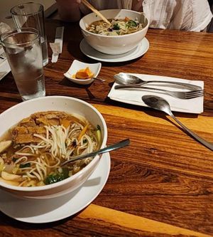 Enjoying vegan ramen with vegan duck. at Sosaku Vegan Restaurant in Vienna