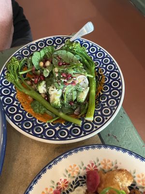 Dzialka Salad
Grilled broccolini, fried kipflers, romesco, salted almonds, chickpeas, leaves, seeds, chilli, pomegranate  at Borsch, Vodka & Tears in Windsor