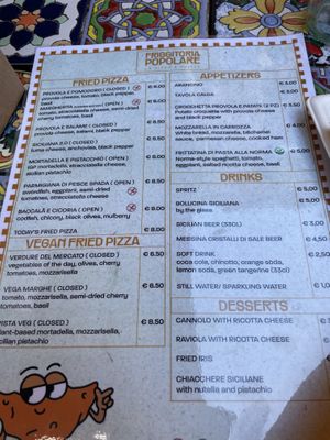 Menu  at Friggitoria Popolare in Catania