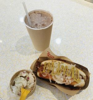 Chocolate malted shake, Ny style dog, potato salad 😋  at Nikki's Not Dog Stand in Sag Harbor