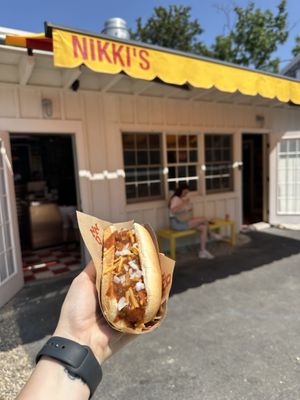 Detroit dog  at Nikki's Not Dog Stand in Sag Harbor