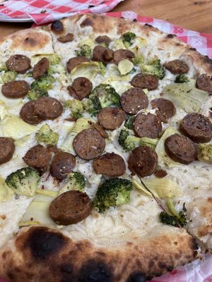 Pollo with vegan sausage instead of the mock chicken and artichoke, mozz, and broccoli!   at Da Legna at Nolo in New Haven