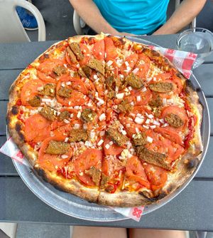 This is the Vegan Bacon Pizza with temped bacon so good! at Da Legna at Nolo in New Haven