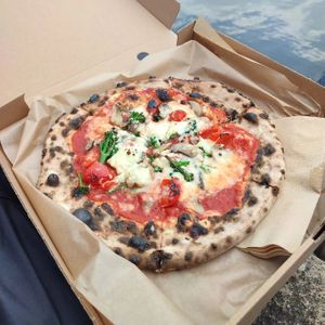 Nennella pizza with vegan cheese at Portal Pizza in Exeter