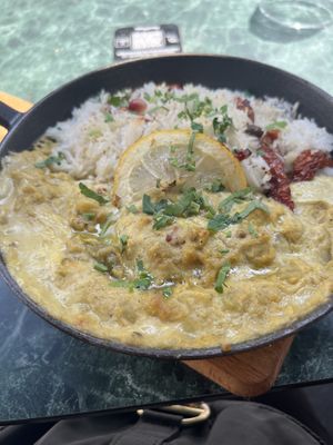 Vegan chickpea curry dish  at Apégo in Paris