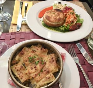 The most delicious French onion soup!  Also pictured is the vegetable pie.   So so good    at Le Potager du Marais - Saint Paul in Paris