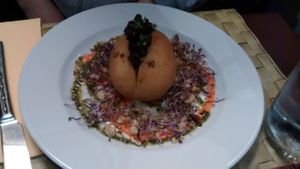 Hot potatoe with tapenade and pistou sauce at Le Potager du Marais - Saint Paul in Paris