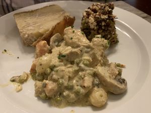 Soy protein blanquette served with potatoes and broccoli cakes  at Le Potager du Marais - Saint Paul in Paris