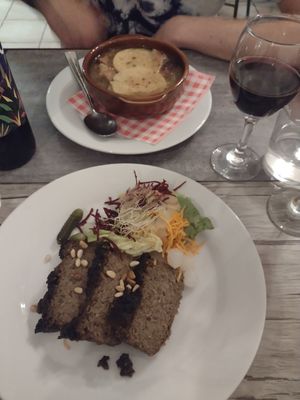 French onion soup (behind), bean pate (front) at Le Potager du Marais - Saint Paul in Paris