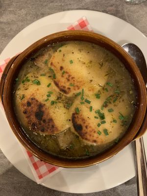 Onion soup (super delicious!!)  at Le Potager du Marais - Saint Paul in Paris