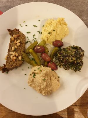 Mushroom pate, artichoke cream, seaweed tartare, chickpea puree (hummus) at Le Potager du Marais - Saint Paul in Paris