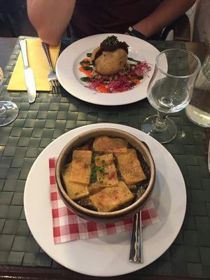 Onion Soup and French Potatoe with Pesto and Tapenade at Le Potager du Marais - Saint Paul in Paris