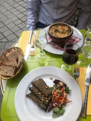 Mushroom pate and Onion soup  at Le Potager du Marais - Saint Paul in Paris