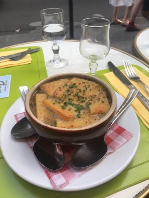 French onion soup! Can be gluten free. Cheese from rice leftover and soy at Le Potager du Marais - Saint Paul in Paris