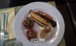 Small filled veggies, filled with soy protein. It was good, bit too expensive for what you got. The mash was fine, but could have been better with some seasoning. at Le Potager du Marais - Saint Paul in Paris