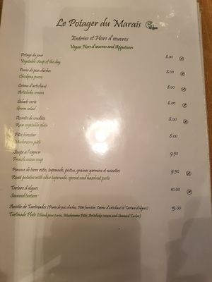 Menu at Le Potager du Marais - Saint Paul in Paris