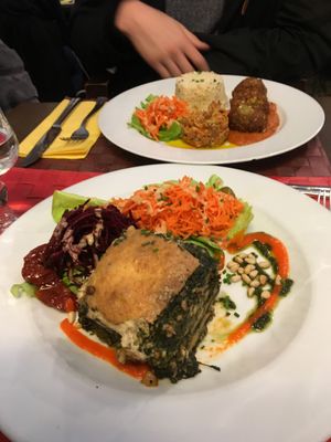 Vegan lasagne and falafel in the background at Le Potager du Marais - Saint Paul in Paris