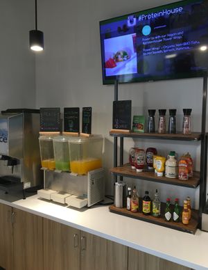 Drink and condiment station. I love that Liquid Aminos is one of the options. at ProteinHouse  in Hudson
