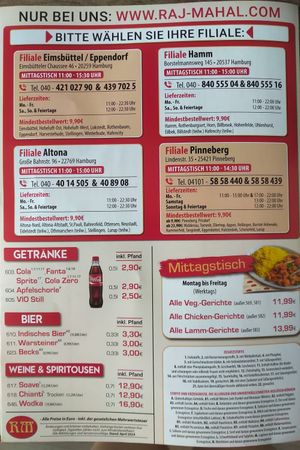 Übersicht der Filialen und Mittagstisch-Angebote at Raj Mahal - Hamm - Takeaway & Delivery Only in Hamburg