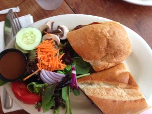 Delicious salad and vegan pulled ";pork"; sandwich! at Cafe Con Leche in Newtown