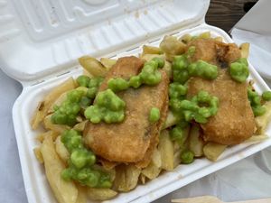 Tofish and chips with some mushy peas   at Harbour Fish & Chips in Avoch