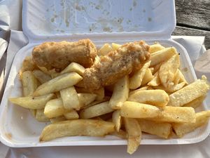 Chips and battered sausage   at Harbour Fish & Chips in Avoch