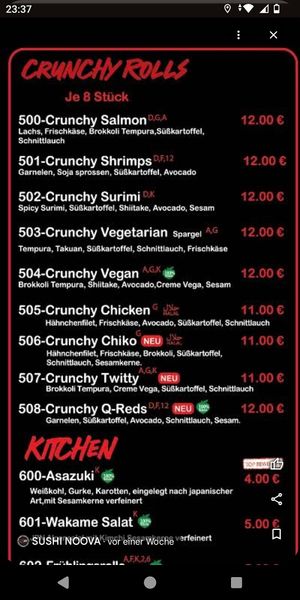 Menu at Sushi Noova in Barsinghausen