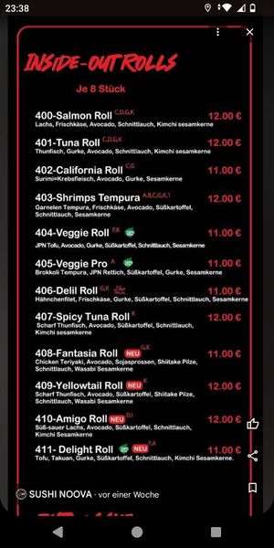 Menu at Sushi Noova in Barsinghausen