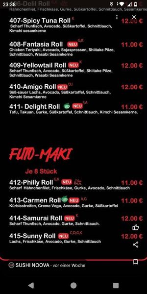 Menu at Sushi Noova in Barsinghausen