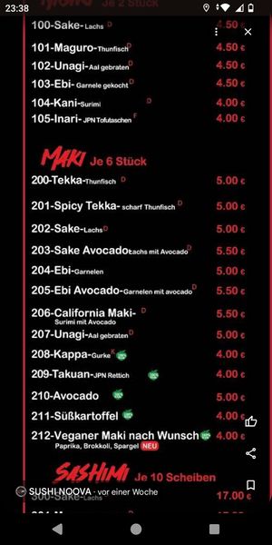 Menu at Sushi Noova in Barsinghausen
