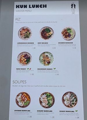Lunch menu (rice bowls & soup) - 3 vegan options at Kun Café in Paris