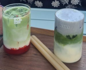 Strawberry Matcha and Volcano Matcha Latte at Kun Café in Paris