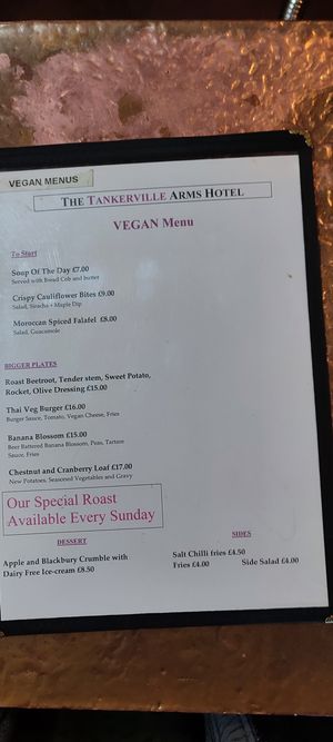 Menu at The Tankerville Arms in Alnwick