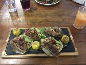 The tacos with added fried mushrooms   at Humaya Restaurante in Panajachel
