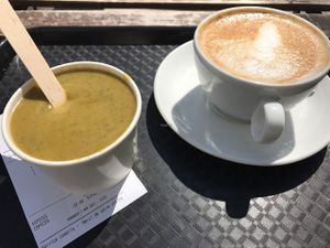 Cougette-mint soup & soy latte at Green Bear Coffee - La Canebiere in Marseille