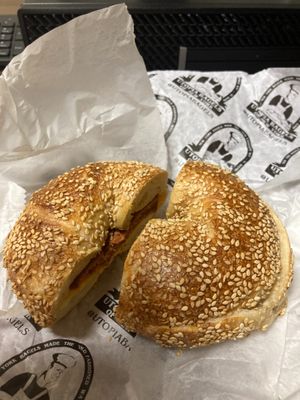 Bagel with vegan egg, bacon, and cheese. at Utopia Bagels in New York City