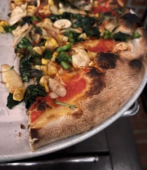 Customized no-cheese pizza with garlic, street corn and broccoli rabe…  at Brewer's Fork in Charlestown