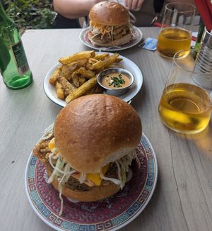 two oyster mushroom burgers and seaweed fries at Kong Taiwanese Bistro in Vienna