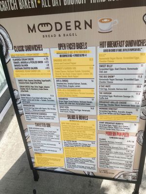 Placard (vegan and vegan-option items are highlighted in yellow).  at Modern Bread and Bagel  in New York City