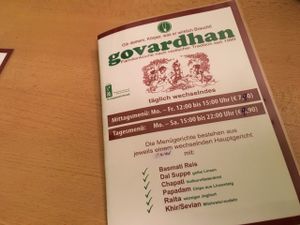menu at Govardhan in Cologne