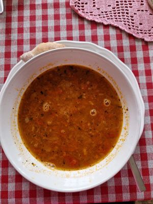 Lentil soup was brought to table when ordered. at Cafe Skolhuset in Katthammarsvik