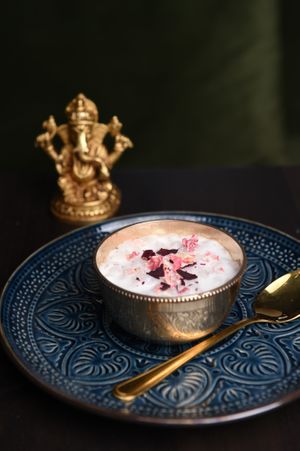 Rose Kheer - Tapioca pearls, coconut milk and raisin supplement with a gentle aromatic infusion of rose. at ROLA PAO in Warsaw