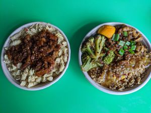 Maple chili mac + orange chick'n bowl at The Loaded Bowl in Oklahoma City