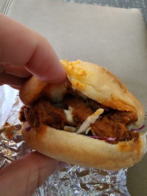 Buffalo chicken sandwich up close at The Loaded Bowl in Oklahoma City