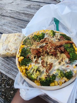 Fried chick'n bowl and potato chip rice crispy treat at The Loaded Bowl in Oklahoma City