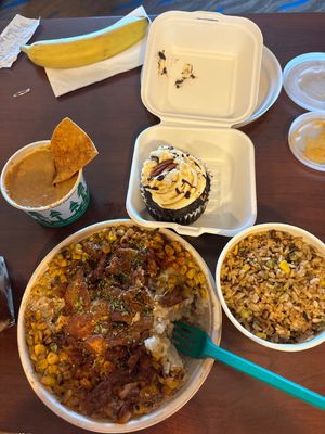 Mashed potato bowl chips and queso and fired rice.  Mmm cupcakes  at The Loaded Bowl in Oklahoma City
