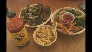 Sesame Seed Rice Bowl, mac n cheese (side), and Enchiladas.  at The Loaded Bowl in Oklahoma City