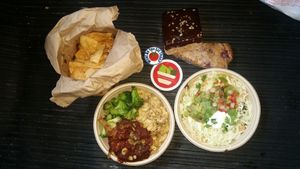 The Loaded Bowl
We visited this Vegan Restaurant for the first time on Oct 3, 2017
Bought Lunch & Dinner at the Loaded Bowl in Oklahoma City, OK

Cashew Cheese & Macaroni with fake-meat BBQ
And veggie nachos
The nachos were very good, ill order those again (and we will be back in OKC)

More pictures
http://whatdoyoueatthen.com/the-loaded-bowl-oklahoma-city-ok/

The other, well i should have read the menu better, i saw cashew nut cheese & macaroni and not the BBQ part... i hate BBQ and i dont like fake-meat at all, any flavor, so there was no way i was gonna like half this meal
I ate it, and this was prob made well. But, just not my taste

The deserts... got a huge rice crispy thing with chocolate on top, took three days to eat

Well, they had a few day old things marked down, so that always catches my attention. .. i grabbed a strawberry & black pepper (yes black pepper) scone. .. it was awesome !!! Try new things, this was great, dry, sweet scone, with strawberry flavor and a warm black pepper after flavor, wow.. i would have never known that could be a thing, very good, try it

Glad to have a vegan option when we are in town for the museum or passing through to Tulsa
#OklahomaVegan
#OklahomaCityVegan
#CashewNutCheese
#WhatDoYouEatThen at The Loaded Bowl in Oklahoma City