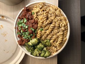 Down Home BBQ bowl, cashew mac & cheese and broccoli   at The Loaded Bowl in Oklahoma City